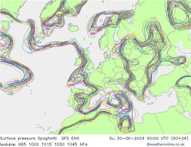 地面气压 Spaghetti GFS ENS 星期日 30.06.2024 00 UTC