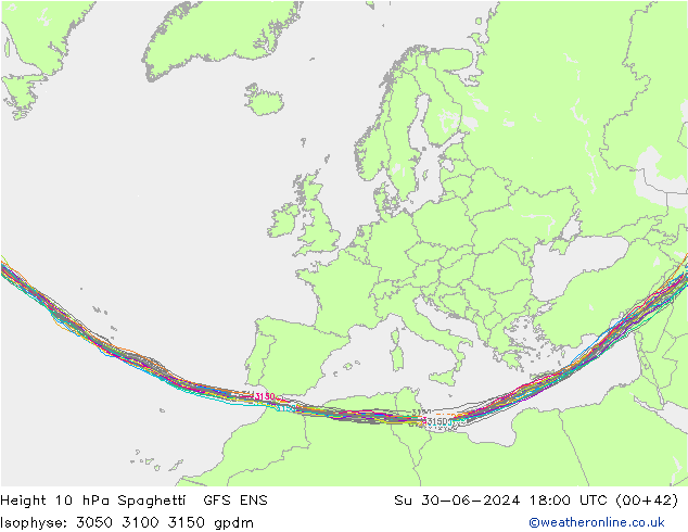 Height 10 hPa Spaghetti GFS ENS 星期日 30.06.2024 18 UTC
