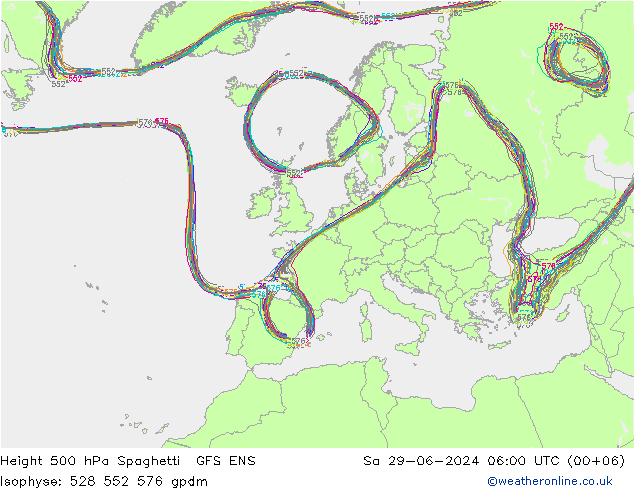 Hoogte 500 hPa Spaghetti GFS ENS za 29.06.2024 06 UTC