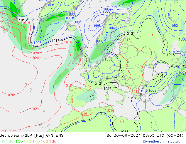 高速氣流/地面气压 GFS ENS 星期日 30.06.2024 00 UTC