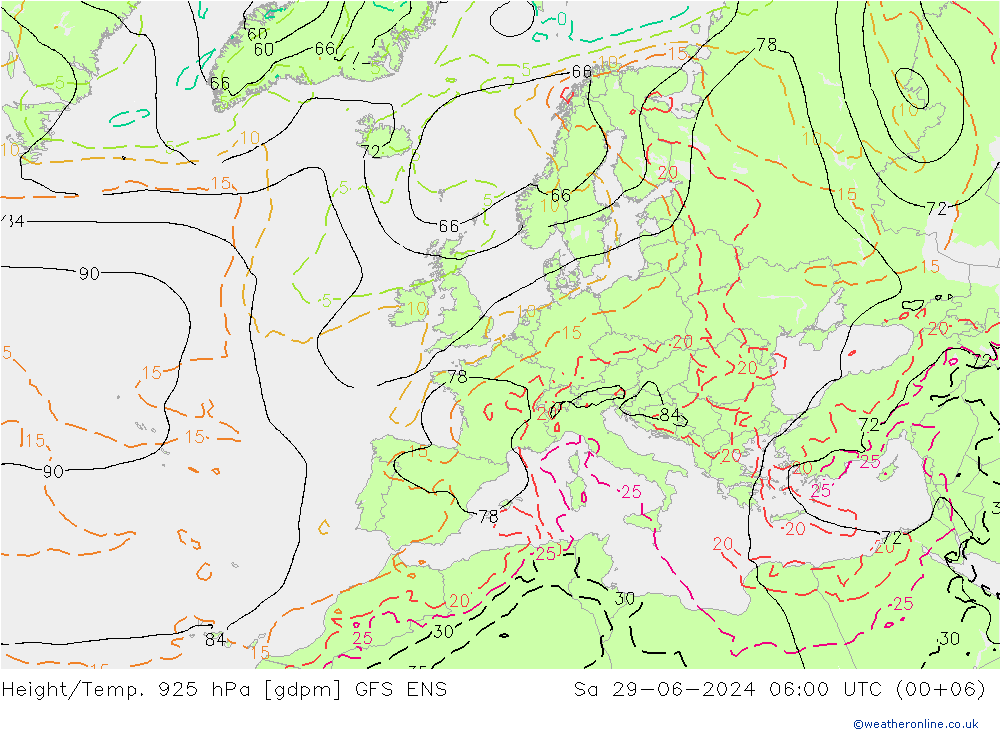 Hoogte/Temp. 925 hPa GFS ENS za 29.06.2024 06 UTC