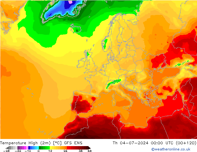 Temperature High (2m) GFS ENS 星期四 04.07.2024 00 UTC