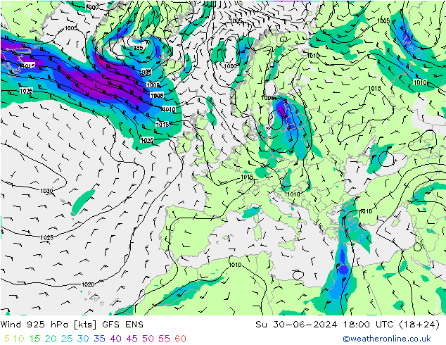 风 925 hPa GFS ENS 星期日 30.06.2024 18 UTC