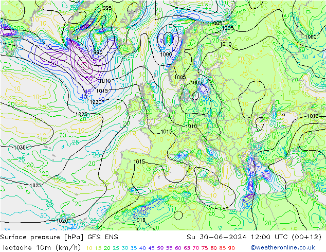 10米等风速线 (kph) GFS ENS 星期日 30.06.2024 12 UTC