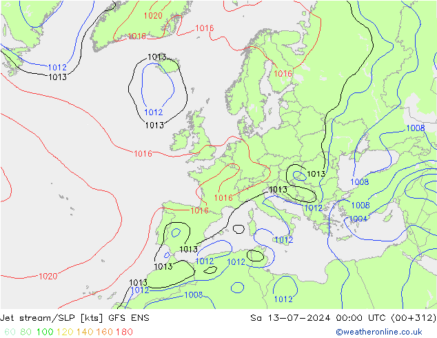 高速氣流/地面气压 GFS ENS 星期六 13.07.2024 00 UTC