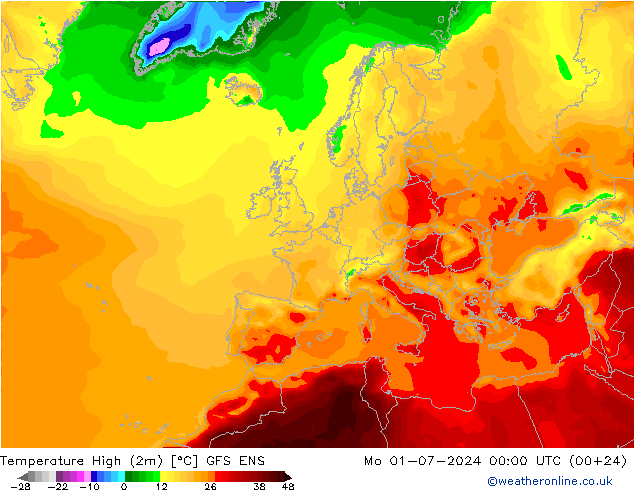 Temperature High (2m) GFS ENS 星期一 01.07.2024 00 UTC