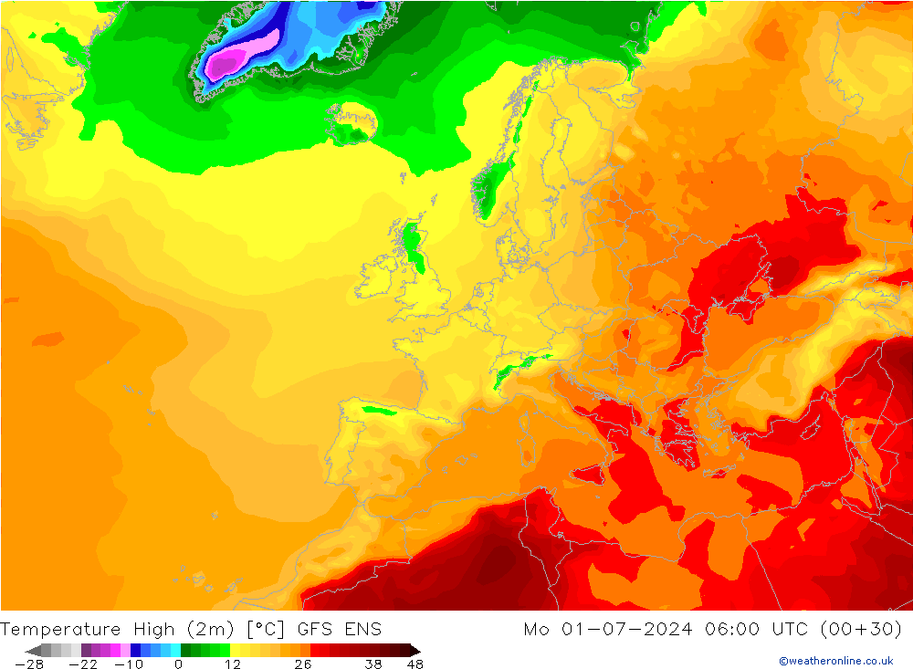 Temperature High (2m) GFS ENS 星期一 01.07.2024 06 UTC