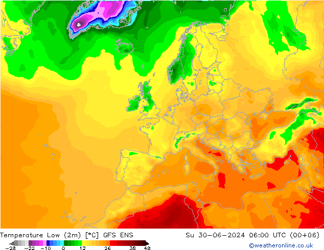 Temperature Low (2m) GFS ENS 星期日 30.06.2024 06 UTC