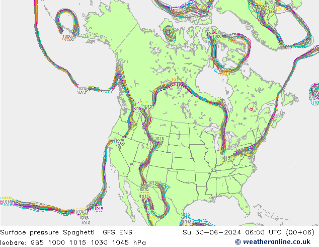 地面气压 Spaghetti GFS ENS 星期日 30.06.2024 06 UTC