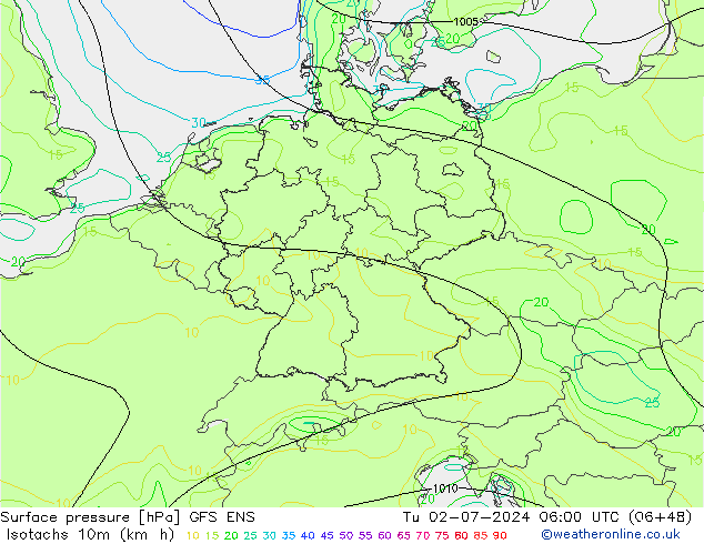 10米等风速线 (kph) GFS ENS 星期二 02.07.2024 06 UTC