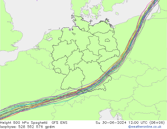 Hoogte 500 hPa Spaghetti GFS ENS zo 30.06.2024 12 UTC