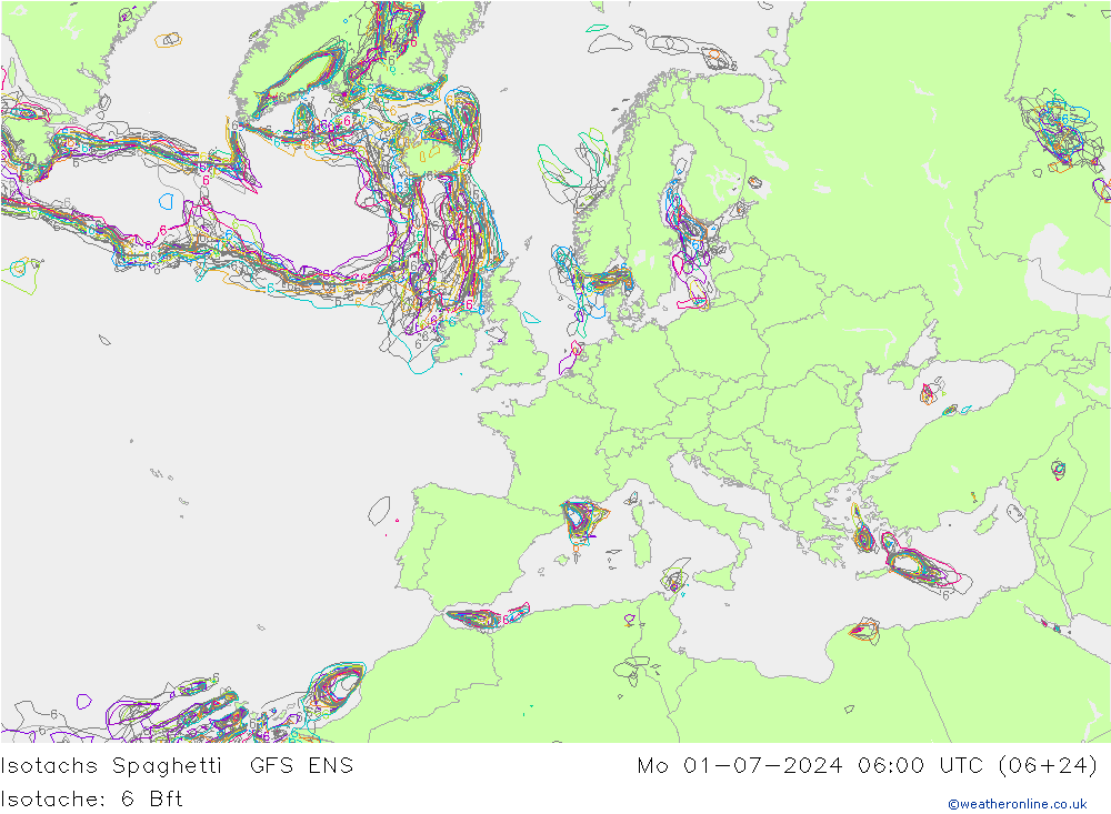 Isotachen Spaghetti GFS ENS ma 01.07.2024 06 UTC