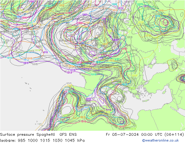 地面气压 Spaghetti GFS ENS 星期五 05.07.2024 00 UTC