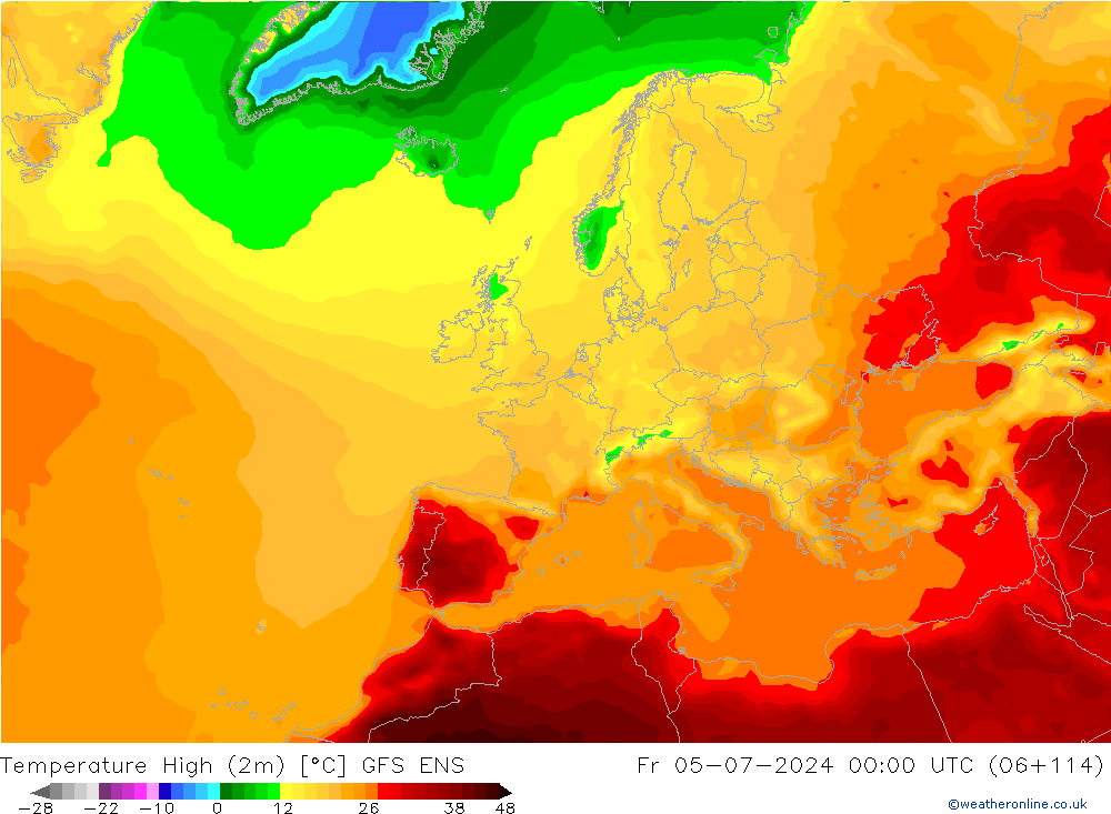 Temperature High (2m) GFS ENS 星期五 05.07.2024 00 UTC