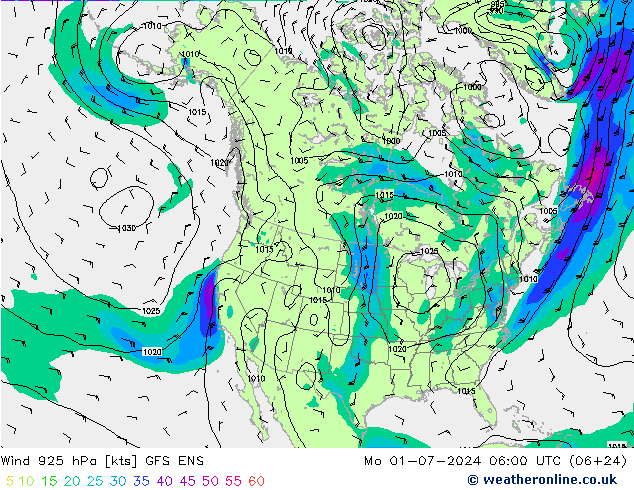 风 925 hPa GFS ENS 星期一 01.07.2024 06 UTC