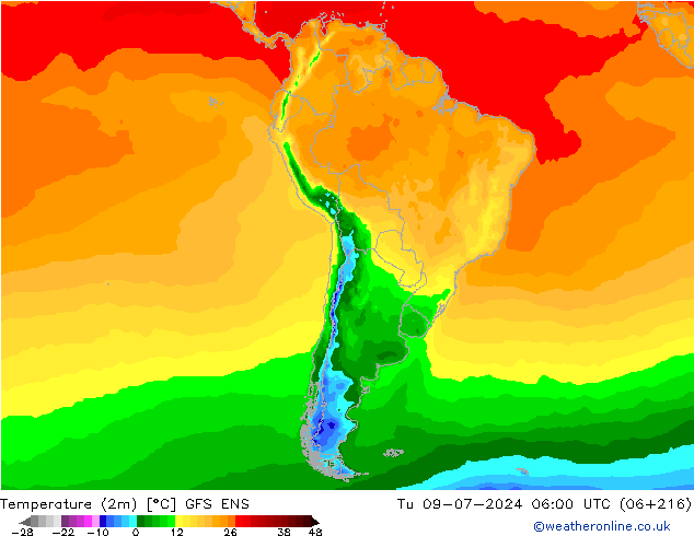 Temperatuurkaart (2m) GFS ENS di 09.07.2024 06 UTC