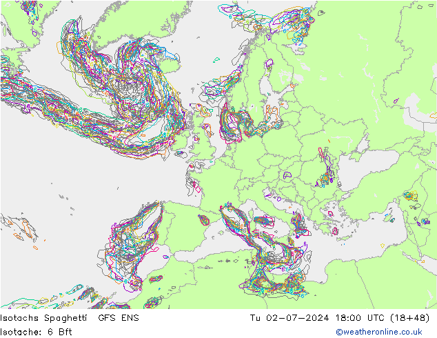 Isotachs Spaghetti GFS ENS 星期二 02.07.2024 18 UTC