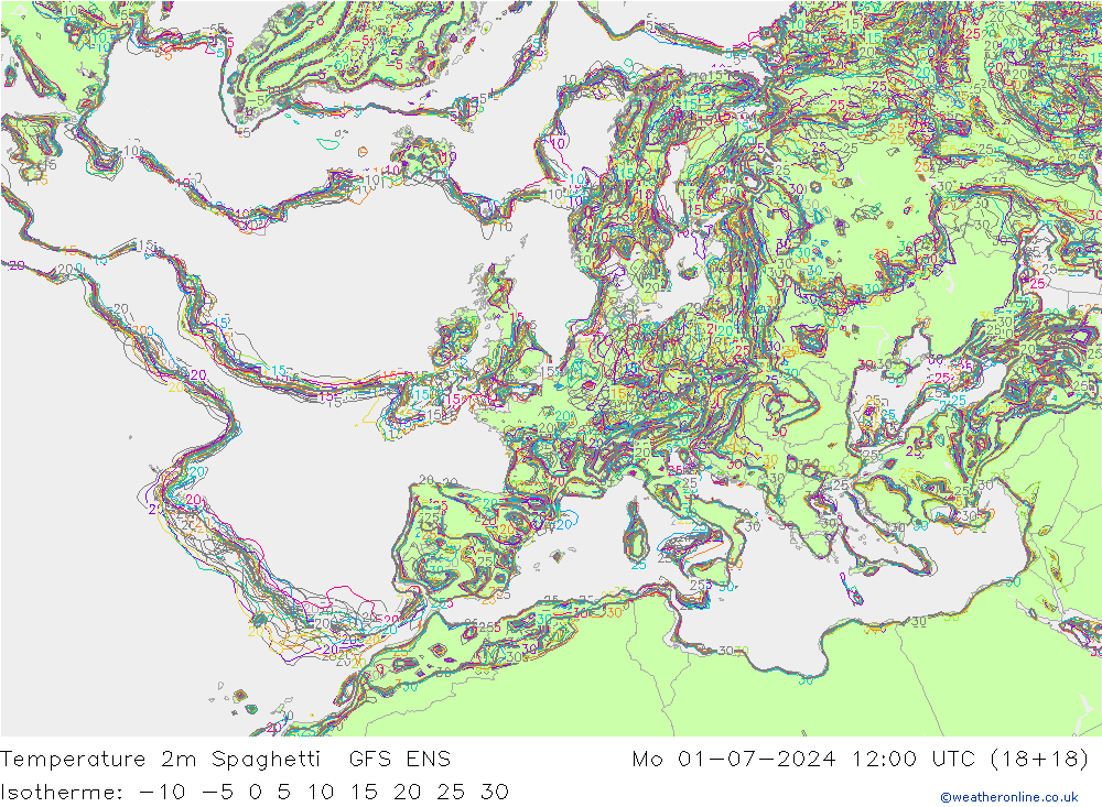 Temperatuurkaart Spaghetti GFS ENS ma 01.07.2024 12 UTC