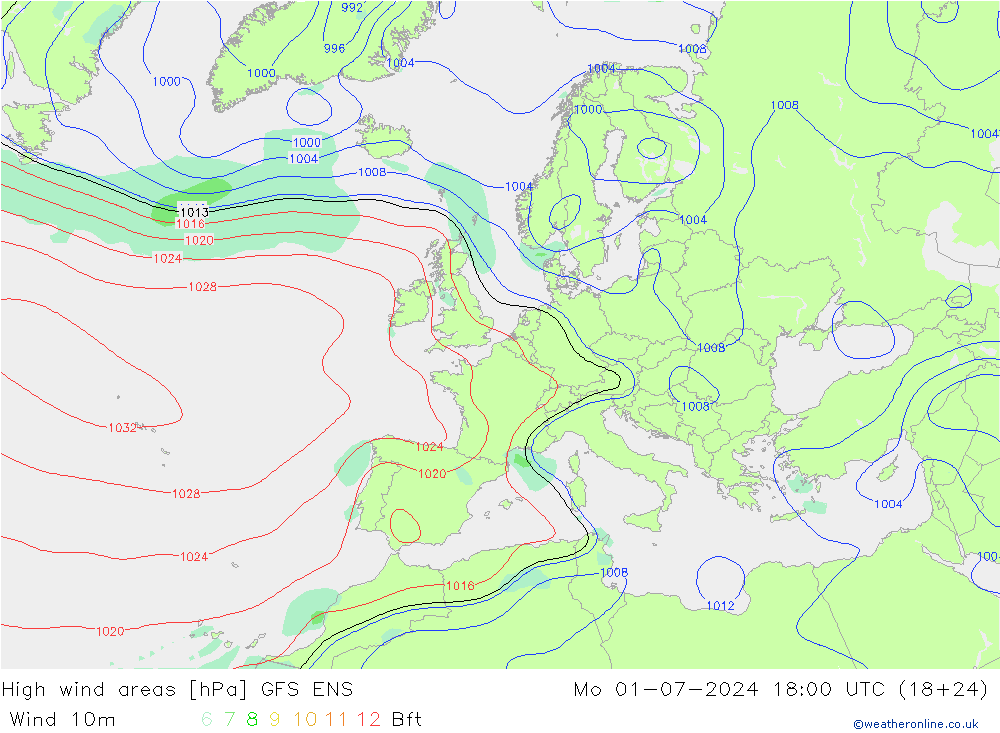 High wind areas GFS ENS 星期一 01.07.2024 18 UTC