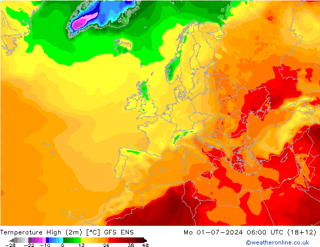 Temperature High (2m) GFS ENS 星期一 01.07.2024 06 UTC