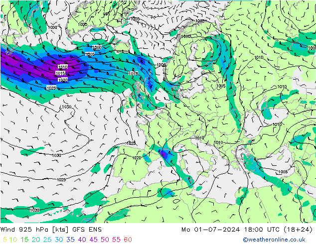 风 925 hPa GFS ENS 星期一 01.07.2024 18 UTC