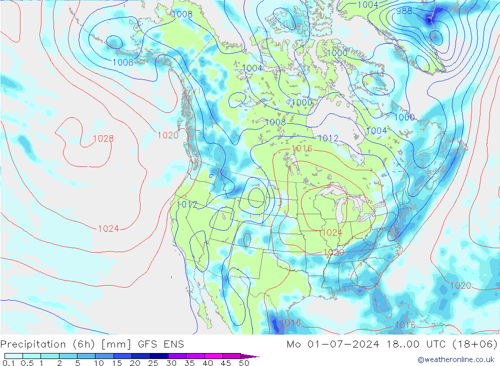 降水量 (6h) GFS ENS 星期一 01.07.2024 00 UTC