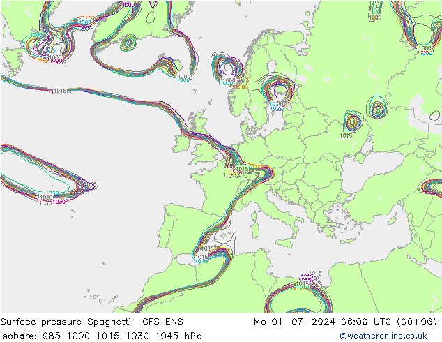 地面气压 Spaghetti GFS ENS 星期一 01.07.2024 06 UTC