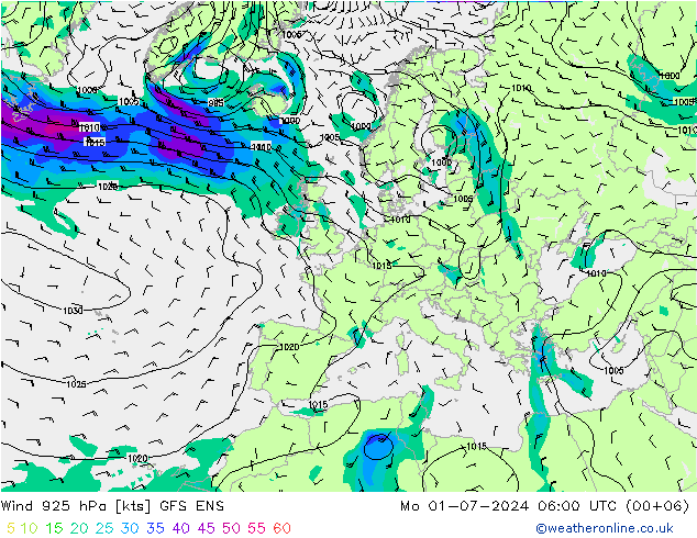 Wind 925 hPa GFS ENS ma 01.07.2024 06 UTC