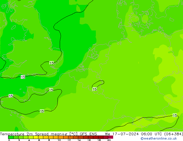 Temperatuurkaart Spread GFS ENS wo 17.07.2024 06 UTC