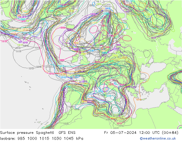 地面气压 Spaghetti GFS ENS 星期五 05.07.2024 12 UTC