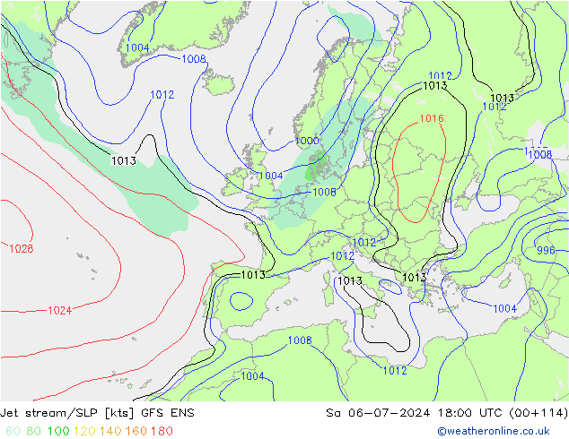 高速氣流/地面气压 GFS ENS 星期六 06.07.2024 18 UTC