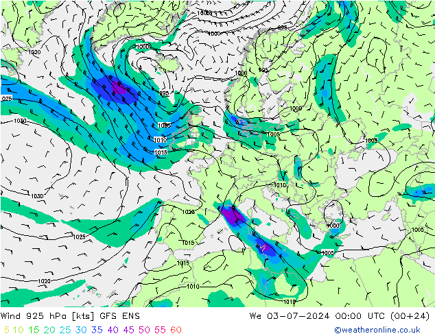 Wind 925 hPa GFS ENS wo 03.07.2024 00 UTC