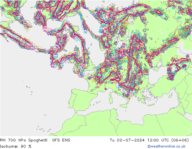 RH 700 hPa Spaghetti GFS ENS 星期二 02.07.2024 12 UTC