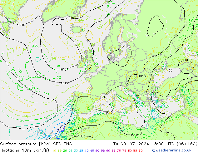 10米等风速线 (kph) GFS ENS 星期二 09.07.2024 18 UTC