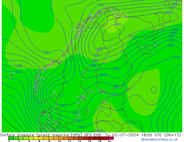 地面气压 Spread GFS ENS 星期二 02.07.2024 18 UTC