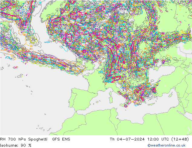 RH 700 hPa Spaghetti GFS ENS 星期四 04.07.2024 12 UTC