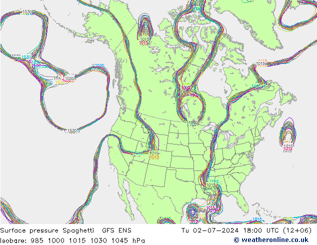 地面气压 Spaghetti GFS ENS 星期二 02.07.2024 18 UTC