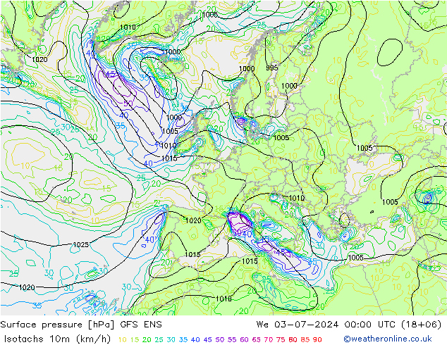 10米等风速线 (kph) GFS ENS 星期三 03.07.2024 00 UTC