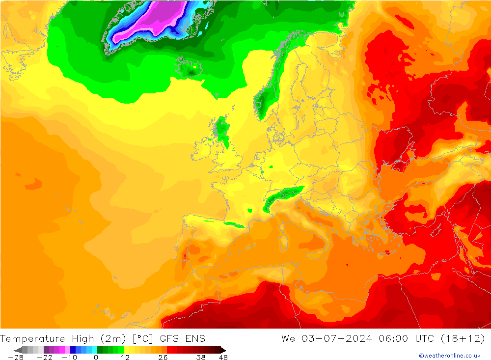 Temperature High (2m) GFS ENS 星期三 03.07.2024 06 UTC