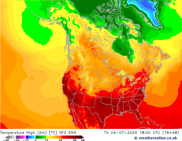 Temperature High (2m) GFS ENS 星期四 04.07.2024 18 UTC