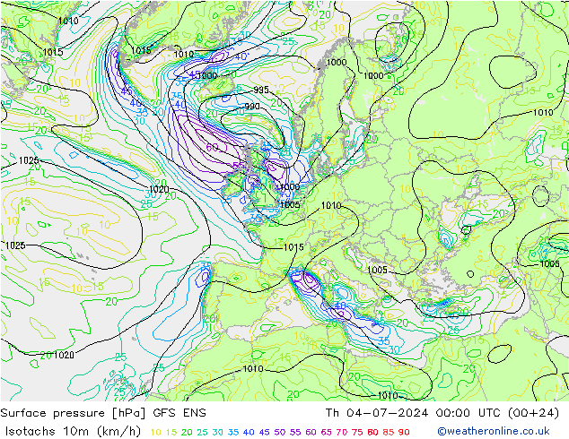 10米等风速线 (kph) GFS ENS 星期四 04.07.2024 00 UTC