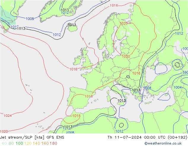高速氣流/地面气压 GFS ENS 星期四 11.07.2024 00 UTC