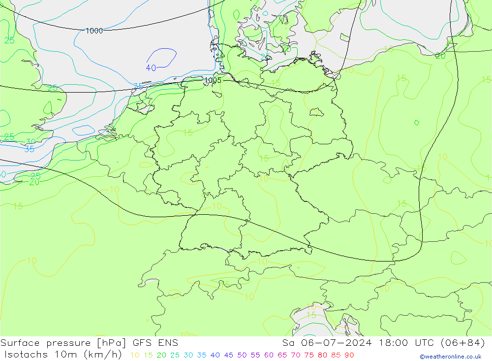 Isotachen (km/h) GFS ENS za 06.07.2024 18 UTC