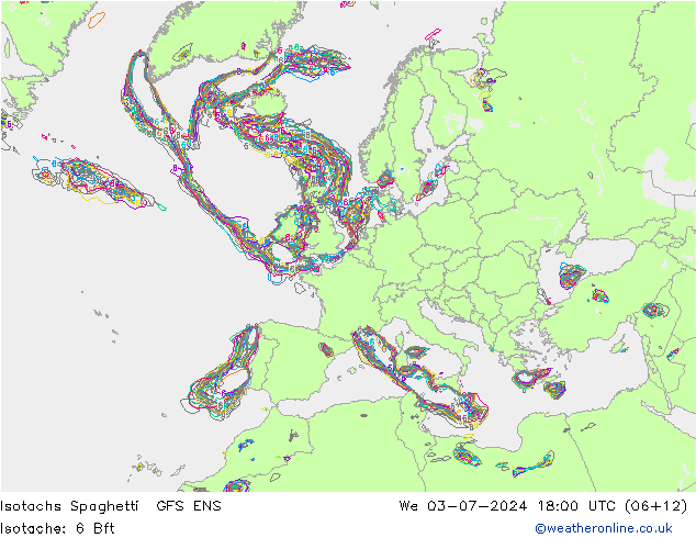 Isotachs Spaghetti GFS ENS 星期三 03.07.2024 18 UTC