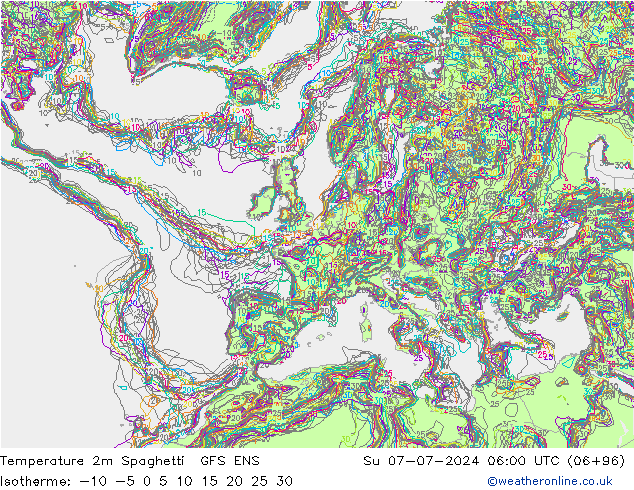 Temperatuurkaart Spaghetti GFS ENS zo 07.07.2024 06 UTC