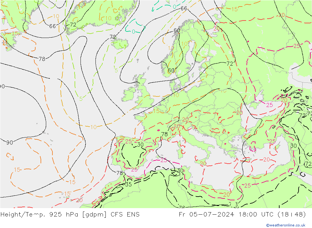 Hoogte/Temp. 925 hPa GFS ENS vr 05.07.2024 18 UTC