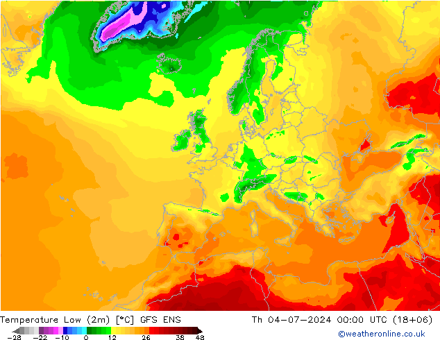 Temperature Low (2m) GFS ENS 星期四 04.07.2024 00 UTC