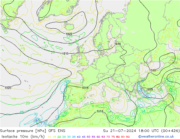 10米等风速线 (kph) GFS ENS 星期日 21.07.2024 18 UTC