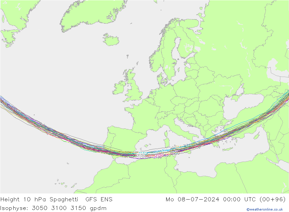 Height 10 hPa Spaghetti GFS ENS 星期一 08.07.2024 00 UTC