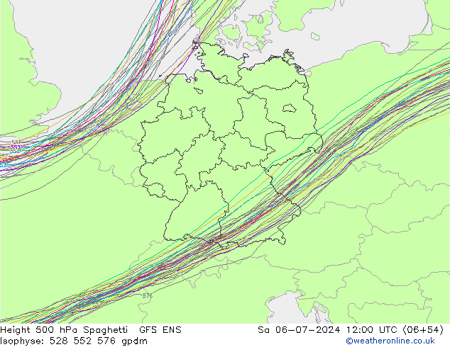 Height 500 hPa Spaghetti GFS ENS 星期六 06.07.2024 12 UTC